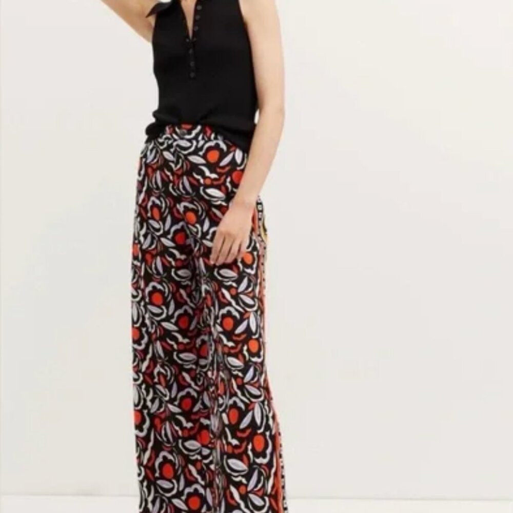 Anthropologie Wide-Leg Floral Print Pants in Black, Red, White